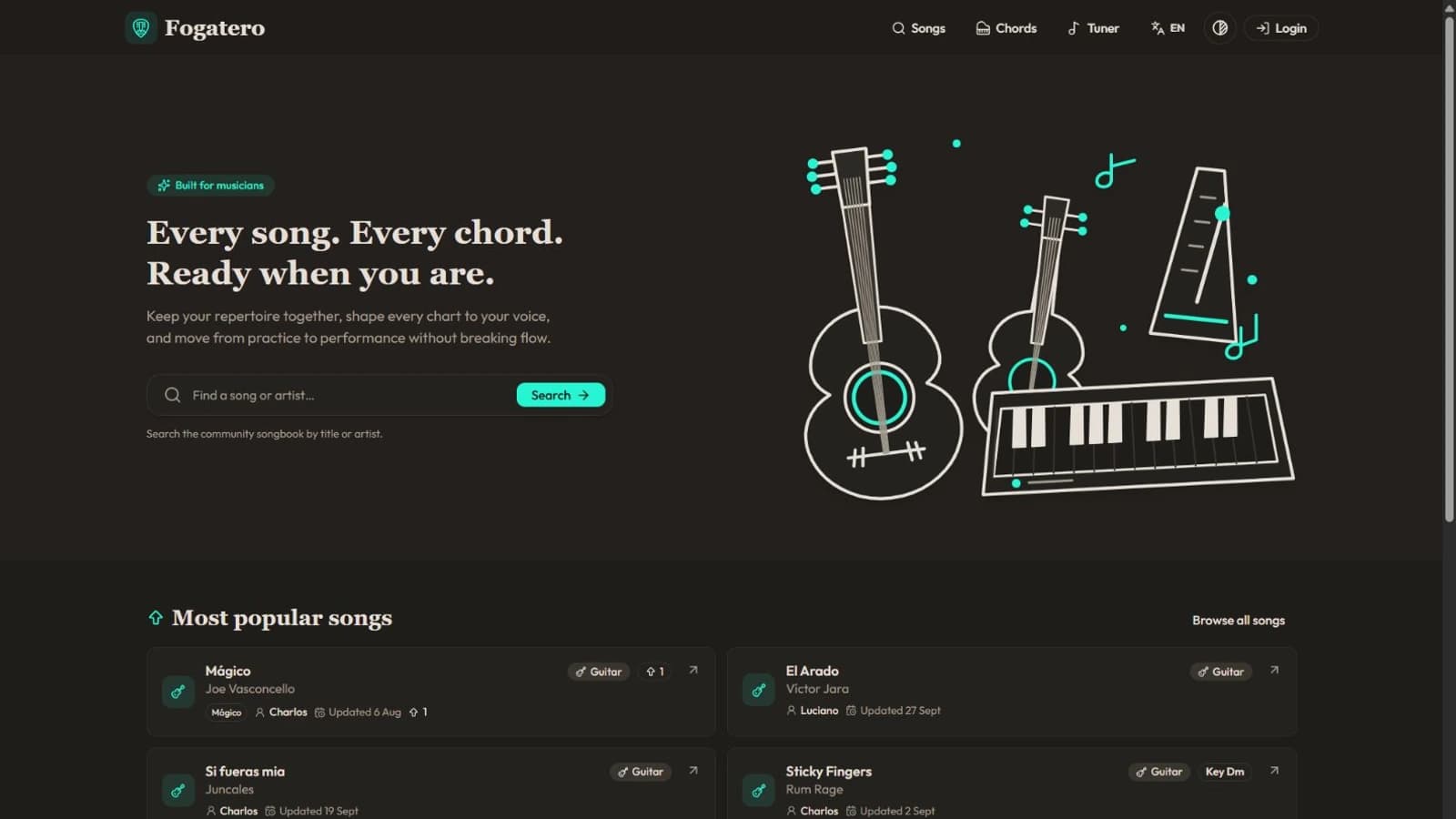 Fogatero homepage in dark mode