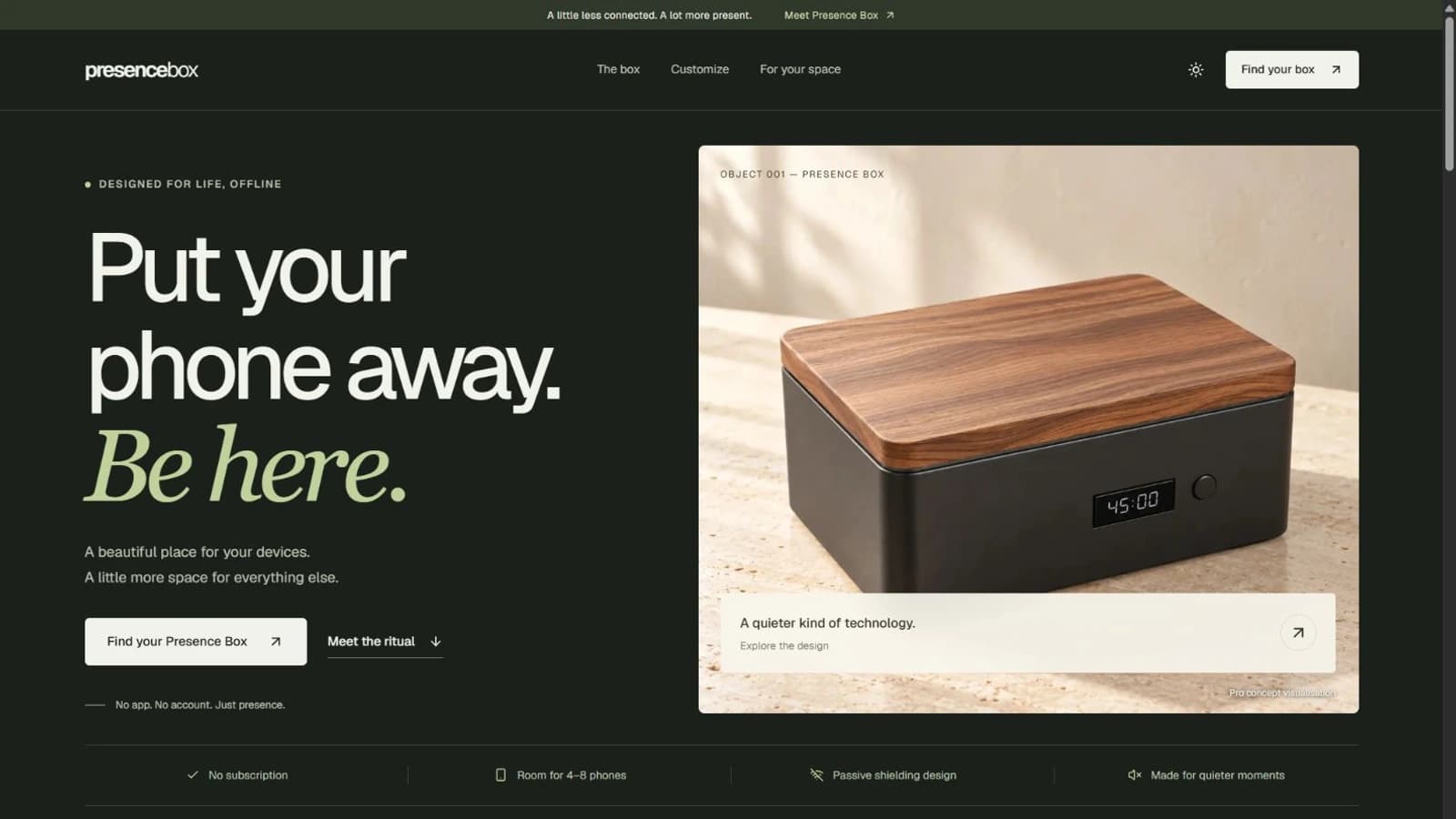 Presence Box homepage in dark mode with Pro concept imagery