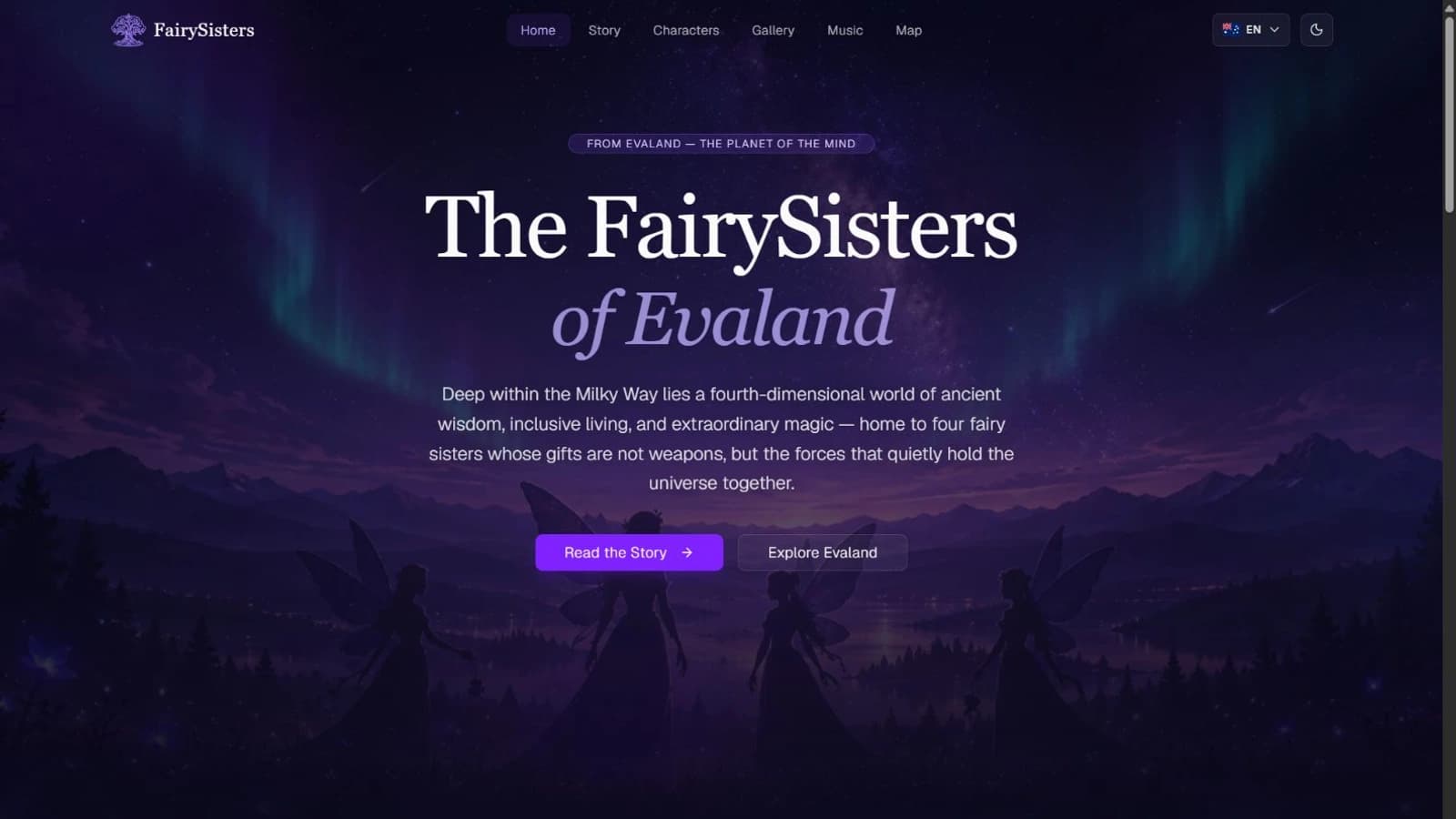 The Fairy Sisters homepage in dark mode